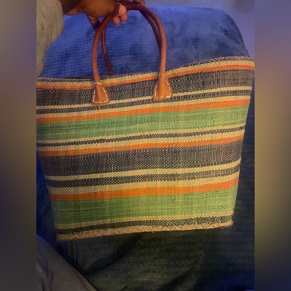 Striped Woven Tote Bag with Leather Handles